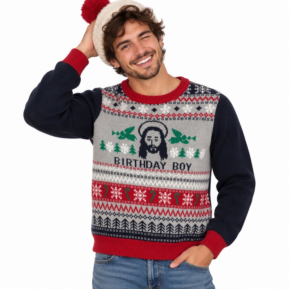 Ugly Christmas Sweater Jesus Birthday Boy Mens Large Funny Holiday Novelty Knit
